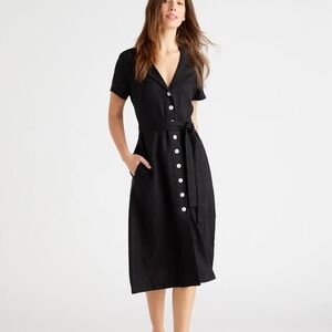 Quince Black Midi Dress with White Buttons